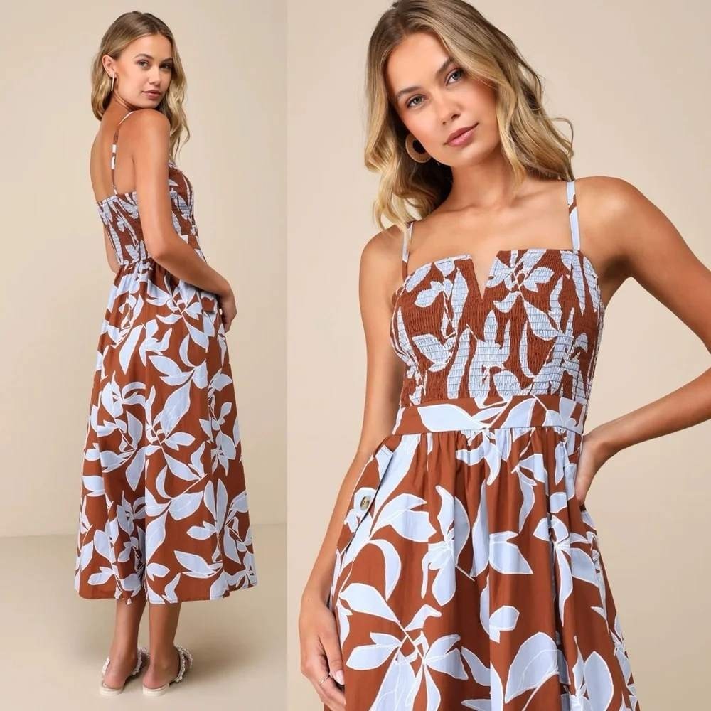 Lulus Brown Blue Cotton Midi Dress Botanical Print Smocked V-Notch Size S